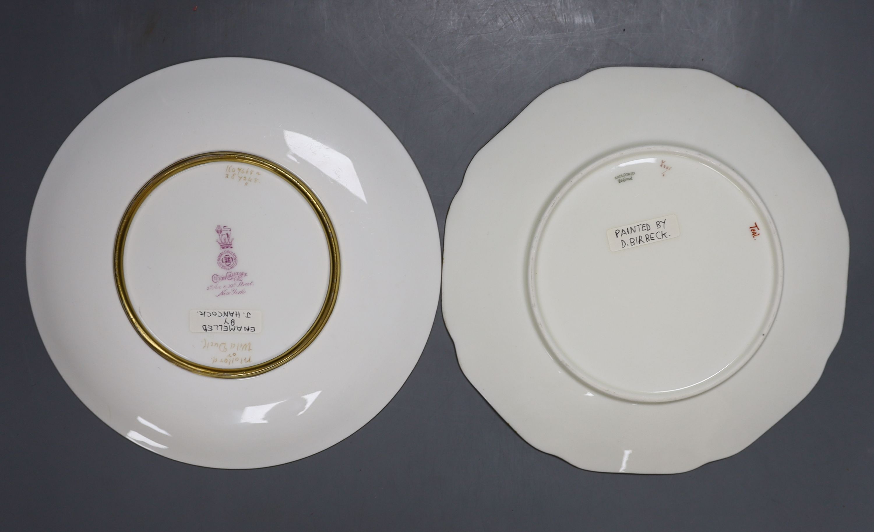 An Aynsley fish painted plate by S Micklewright, A Royal Doulton mallard or wild duck painted cabinet plate by J. Hancock and a Cauldon duck painted plate by D. Birkbeck (3)